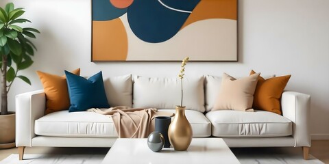 A modern living room with a white sofa, a large abstract painting on the wall, and two round side tables with black and white decor items.