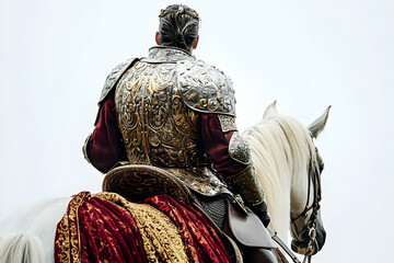 Obraz premium A person in ornate armor riding a white horse, showcasing a historical or fantasy theme.
