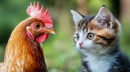 Fototapeta premium A hen and a kitten looking at each other. AI.