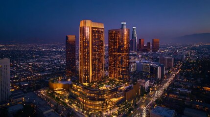 Illuminated skyscrapers at dusk, Los Angeles cityscape.