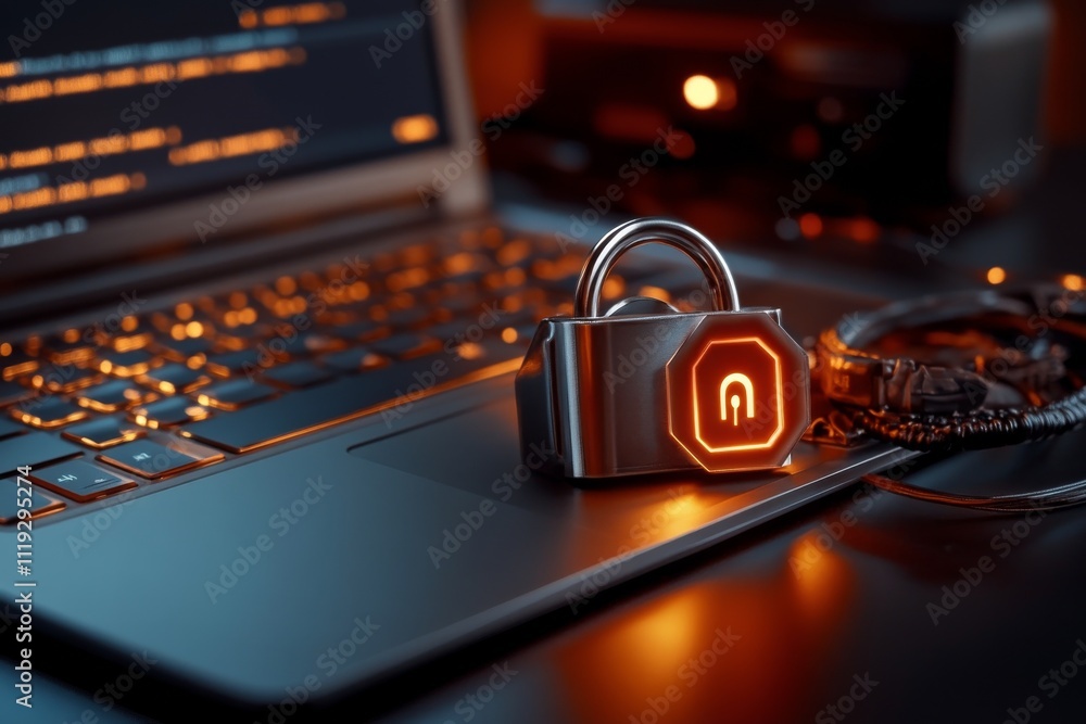 Poster an illuminated padlock rests on a laptop, symbolizing cybersecurity and digital protection within th