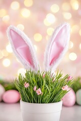 An enchanting setup of a flower pot with bunny ears, surrounded by colorful eggs, evoking a joyful Easter spirit.
