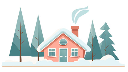 A vector illustration of  a cozy winter scene with minimalistic design&mdash;snow-covered trees, a small cabin with smoke coming out of the chimney, and a pastel color palette