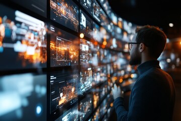 A man observes vibrant data on numerous screens, embodying themes of information analysis, technological proficiency, and modern data streaming.