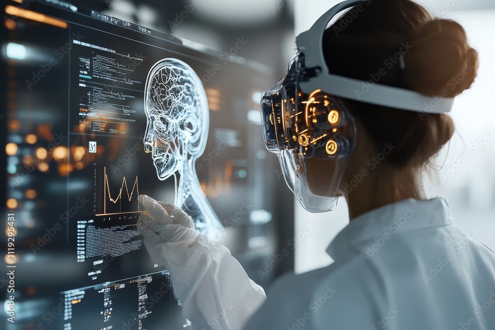 Poster a scientist wearing advanced technology analyzes a digital brain image on a high-tech screen, showca