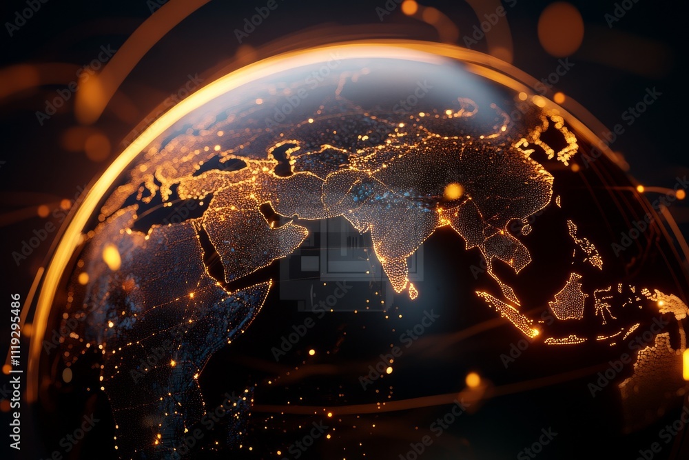 Aufkleber a digital depiction of the world is shown with glowing lines representing connectivity and networks,