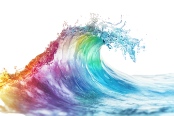 Wave with rainbow colors, creating magical and surreal effect, isolated on transparent and white background.PNG image	