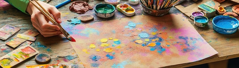 A creative workspace with paints, brushes, and a partially completed artwork.