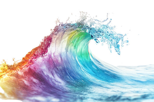 Wave with rainbow colors, creating magical and surreal effect, isolated on transparent and white background.PNG image	