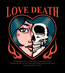 Traditional tattoo design featuring a heart divided between a pin-up girl and a skull