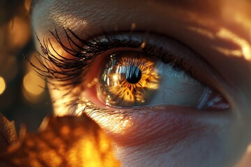 An artistic close-up of a human eye, capturing the intricate details of the iris as it reflects a mesmerizing and warm glowing light, suggestive of a sunset.