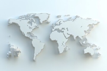 Obraz premium A minimalistic and elegant representation of a white world map with a 3D appearance, highlighting global connectivity, unity, and spatial awareness.