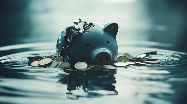 Broken piggy bank with coins scattered around, symbolizing financial struggle and the need for careful budgeting and saving.