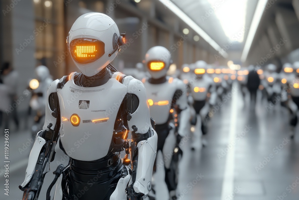 Poster a line of robotic figures walking in a futuristic corridor. the scene suggests advanced technology, 