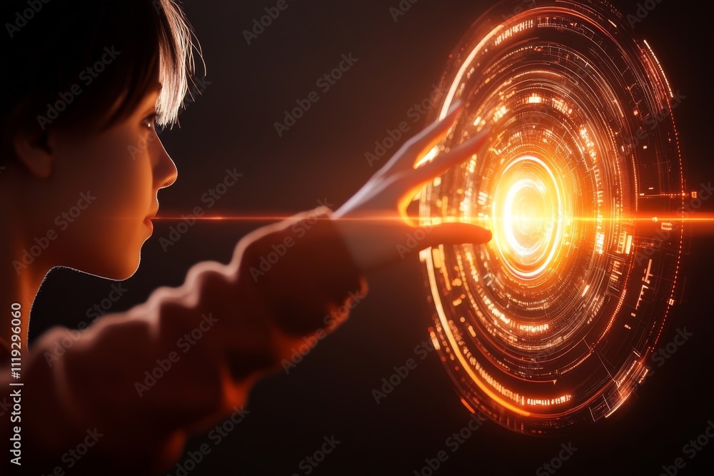Poster a person reaches towards a glowing digital interface with neon elements, symbolizing interaction wit
