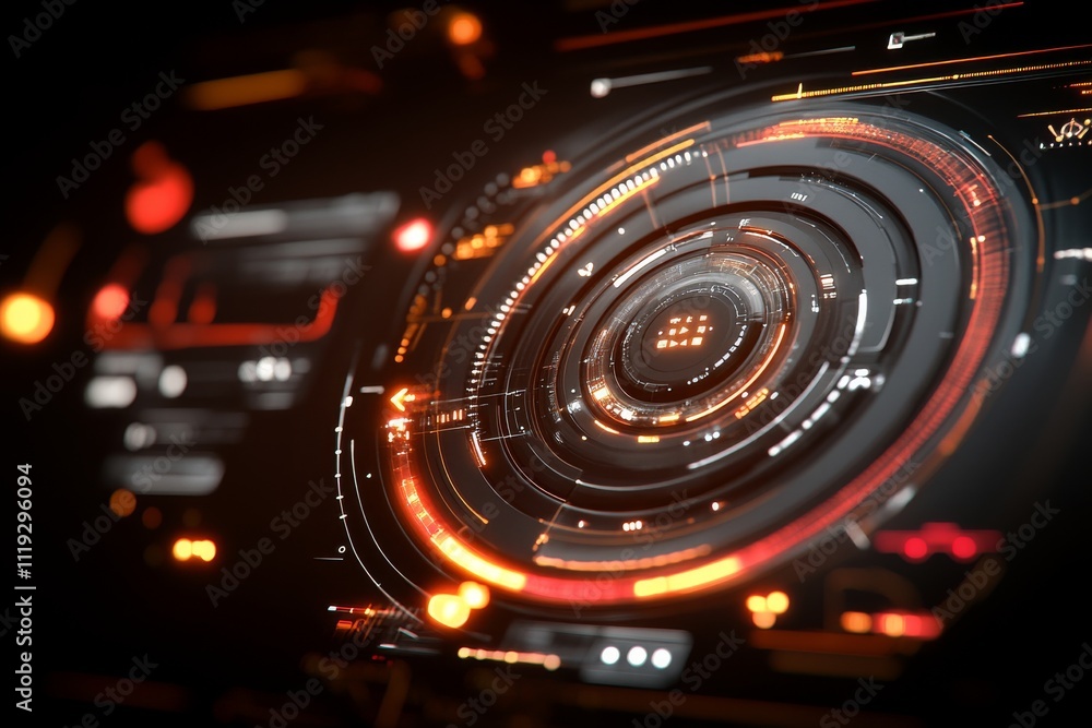 Aufkleber an intricate digital circular interface filled with glowing elements suggesting advanced technology,