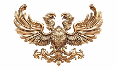 Fototapeta premium Ornate golden double-headed eagle emblem with intricate detailing and wings spread wide.