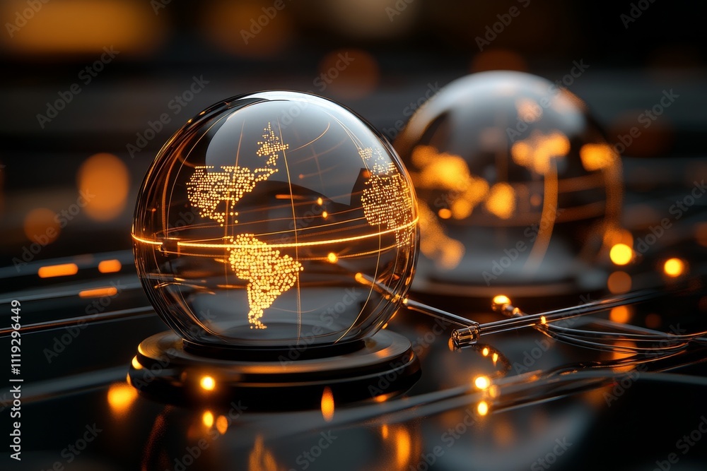 Aufkleber a transparent globe with illuminated connections and scattered lights over a dark background, repres