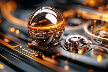 A modern globe with glowing lines and surfaces over laid within a complex circuitboard-style design on a dark backdrop, symbolizing advanced technology and data interconnectivity.