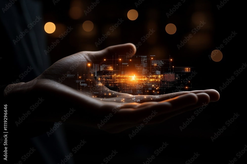 Aufkleber an open palm with a glowing digital network floating above, symbolizing futuristic technology and in
