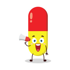 cute happy expression of drug capsule cartoon character carry megaphone