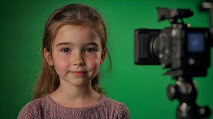 Captivating Child Portrait in Photography Studio: Young Girl Posing with Innocence and Joy in Front of a Professional Camera in Green Screen Setting