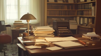 Cozy Vintage Office Workspace with Papers and Typewriter