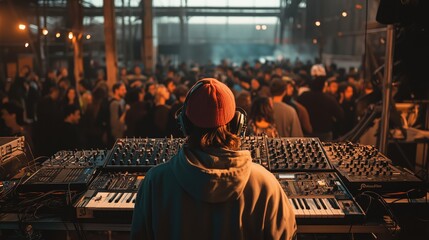 Dj playing electronic music at a crowded underground rave party