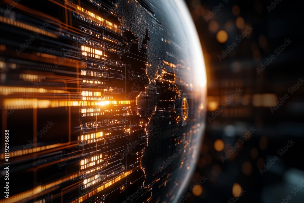 Poster a digital representation of earth is overlaid with glowing lines and nodes, symbolizing global conne