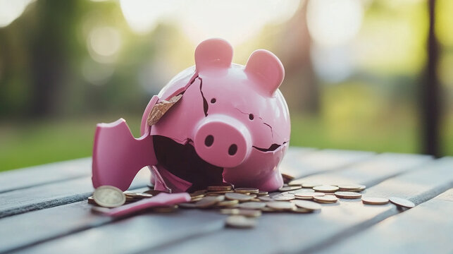 Broken piggy bank with coins scattered around, symbolizing financial struggle and the need for careful budgeting and saving.