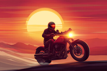 Fototapeta premium A motorcyclist rides against a vibrant sunset backdrop, showcasing freedom and adventure.