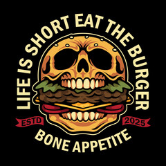 A vintage-inspired vector illustration featuring a skull devouring a burger.