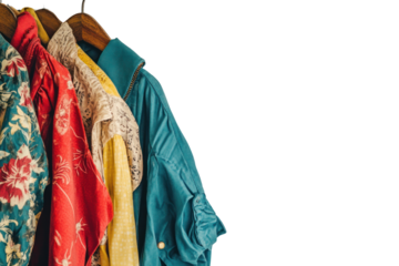 Vintage Fashion Hanging: A stylish array of retro clothing hangs on a wooden hanger, showcasing vibrant colors and unique textures. Perfect for fashion blogs, vintage shops, and online stores.