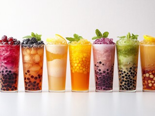 A vibrant lineup of colorful bubble teas, each cup filled with fruity flavors and refreshing ingredients, garnished with mint and citrus.