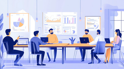 Entrepreneurs concentrating on project development, surrounded by charts and laptops in a modern workspace 