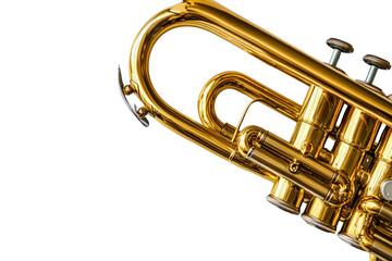 Golden Trumpet Melody: Close-up of a gleaming, golden trumpet, its valves and tubing reflecting light, ready to play a vibrant tune.  A musical instrument captured in detail. 
