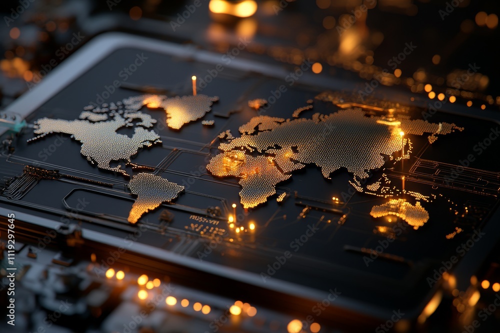 Aufkleber a vibrant world map is integrated into a glowing circuit board, symbolizing global connectivity and 