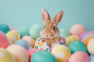 Fototapeta premium A whimsical rabbit figure dressed in a floral shirt, surrounded by colorful Easter eggs, representing festive joy.