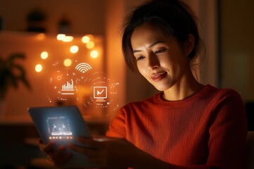 A woman in a cozy ambiance engages with a futuristic tablet, surrounded by captivating digital graphics and icons, symbolizing technological advancement and innovation.