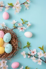Fototapeta premium A lovely arrangement of eggs in a nest surrounded by cherry blossoms, symbolizing spring and renewal of life.