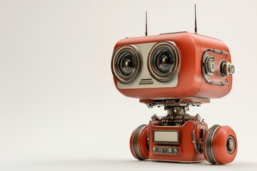 A charming retro robot with large expressive eyes and a vibrant red exterior stands against a neutral background, blending nostalgia and modern design.