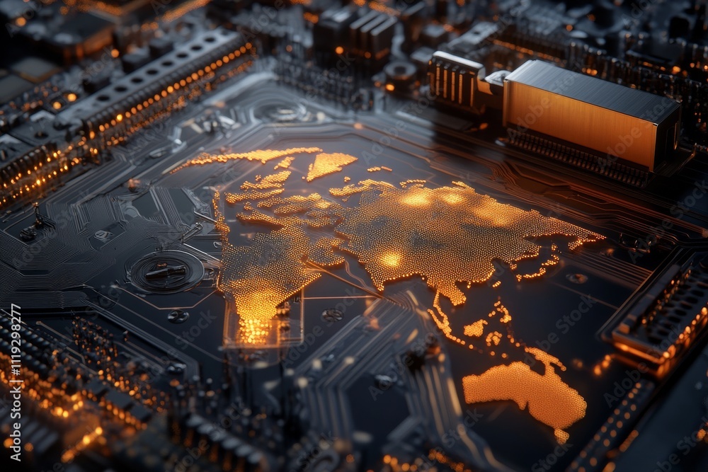 Poster a world map depicted on circuitry, illustrating technological advancement, global integration, and c