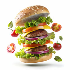 A deconstructed hamburger with toppings like lettuce, tomato, cheese