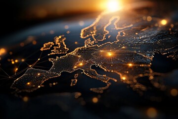 A close-up view of a highly detailed glowing map of Europe, highlighting the network connections between countries, symbolizing unity and technological advancement.