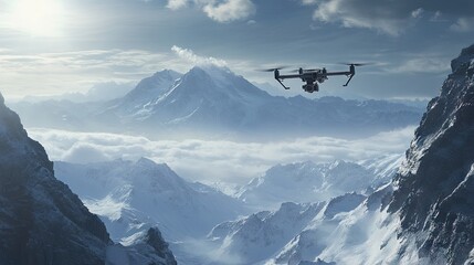 Drone Flying Over Majestic Snow-Covered Mountain Landscape