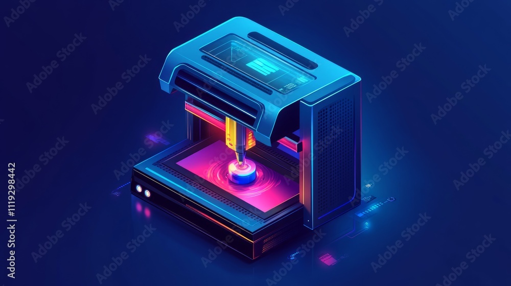 Poster isometric illustration of a 3d printer creating a small sphere.