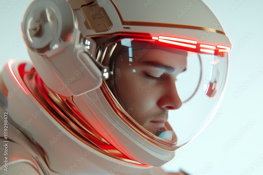 Poster a profile view of an astronaut wearing a highly advanced helmet, representing the frontier of space 