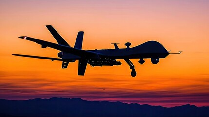 Drone in Flight at Sunset Over Mountains with Vibrant Sky Colors
