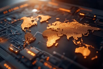A glowing map of the world is set against a backdrop of digital circuitry, illustrating global connectivity and the expansive impact of technological communication worldwide.