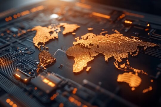 A glowing map of the world is set against a backdrop of digital circuitry, illustrating global connectivity and the expansive impact of technological communication worldwide. - Powered by Adobe